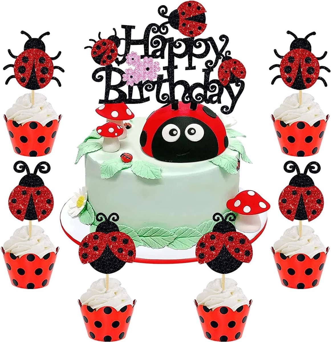 25 Stuks Taarttoppers, Lieveheersbeestje Cupcake-Topper, Taartdecoratie voor Meisjes en Jongens, Verjaardagsfeest