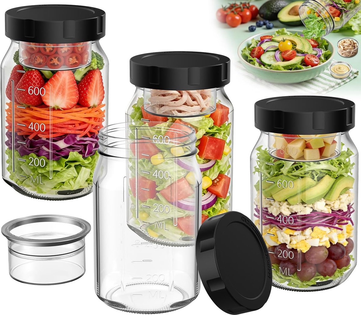 4 stuks glazen saladepotten met deksels, 32 oz salades metselaarpotten met nat/droge scheidingskop, maaltijdbereidingssaladecontainers voor de lunch, lekvrije voedselopslagcontainers met brede opening