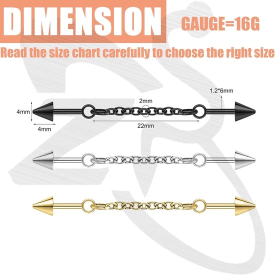 1 paar industriële piercing, chirurgisch staal, 16 g, industriële oorstekers, hanger, ketting, sieraden, industriële staaf, kraakbeen, helix, voor vrouwen en mannen — afbeelding 4