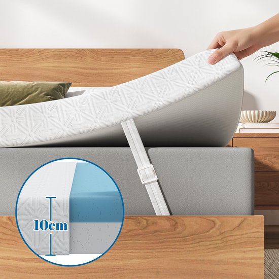 Surmatelas de 10 cm d'épaisseur avec motif pointillé et sangles élastiques réglables.