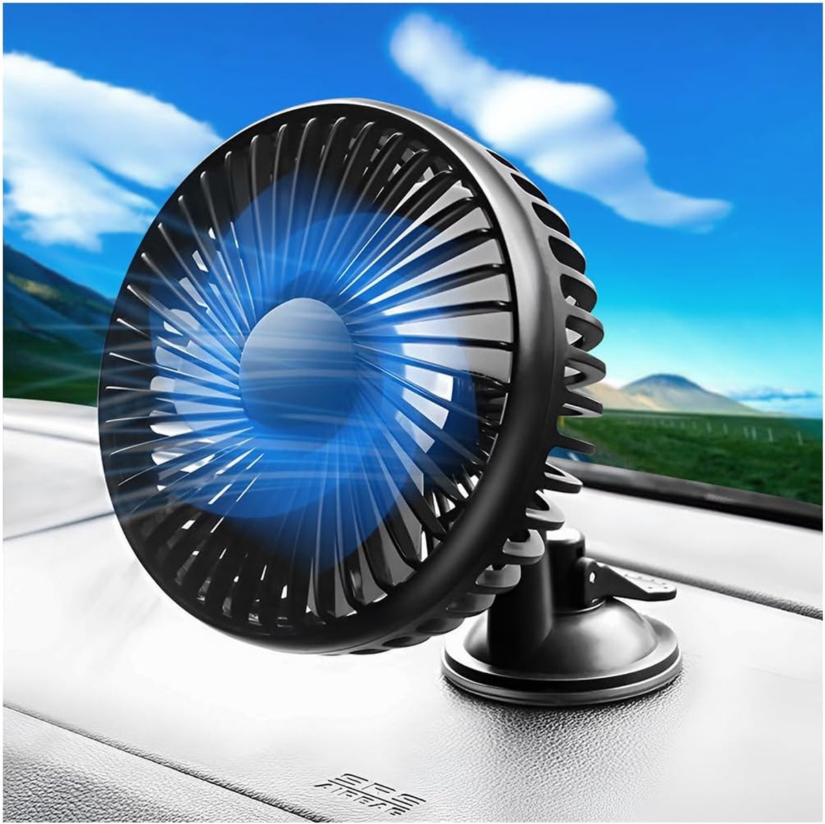 Autoventilator, 360 graden rotatie, weinig lawaai, zomerventilator, 12 V, USB-ventilator, 3 snelheden, voor auto, bestelwagen, SUV, camper, boot (zuignap)