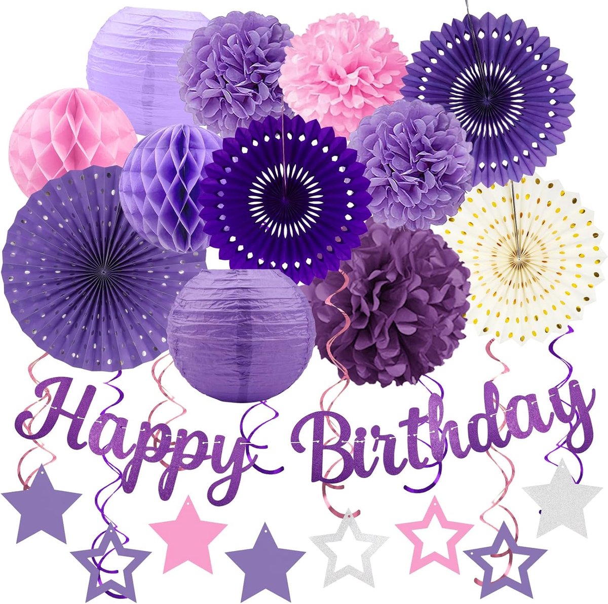 verjaardagsfeestdecoraties - 29 stuks lavendelroze lila feestdecoraties voor vrouwen meisjes, Happy Birthday-banner, papieren slingers, lantaarns, tissuepompoms - ZERODECO