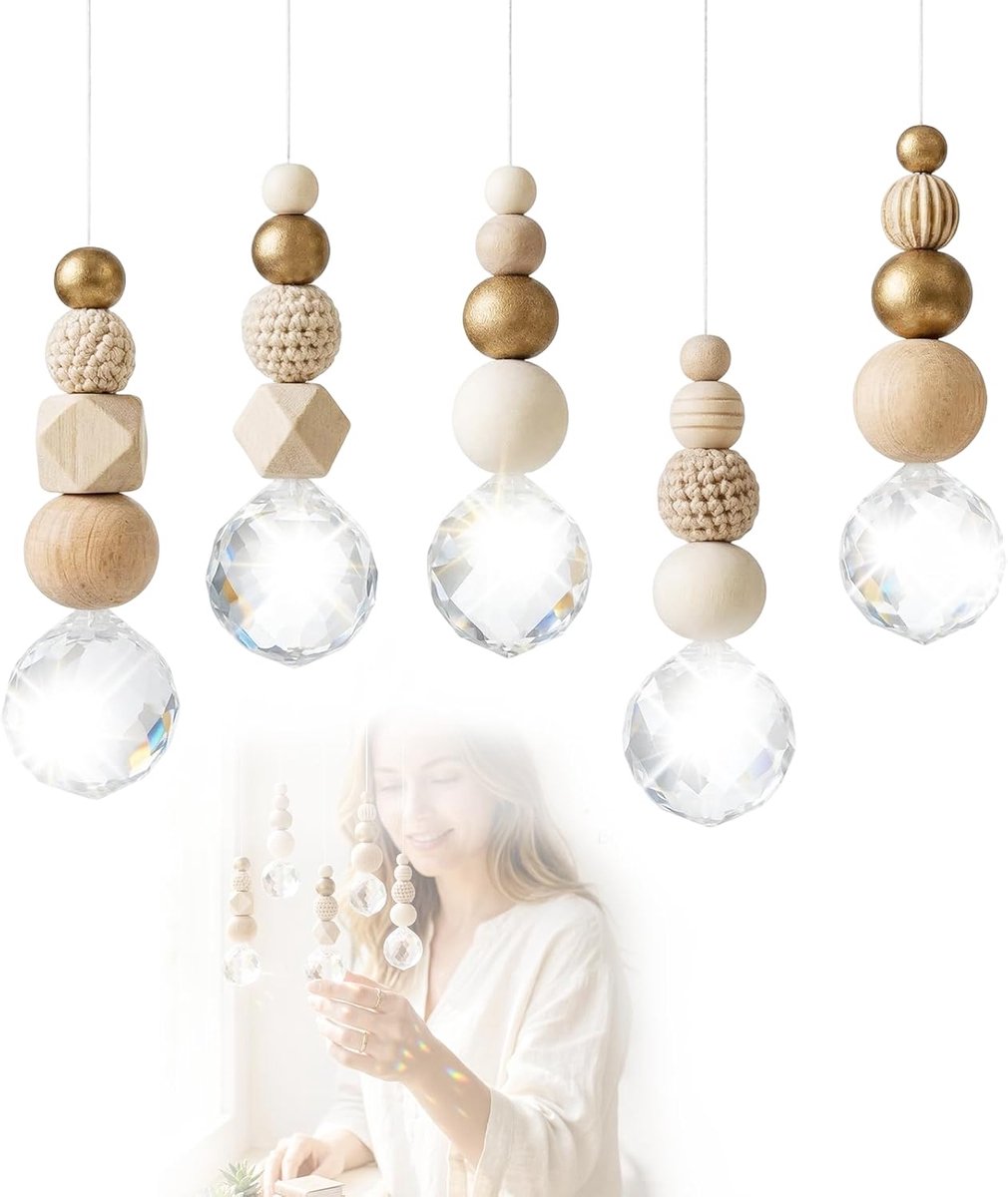 Suncatcher Kristallen zonnevanger, set van 5 stuks, met houten kralen en 30 mm K9 kristallen ballen, zacht lichtspel, Scandinavische raam- en woonkamerdecoratie, doe-het-zelf decoratie om op te