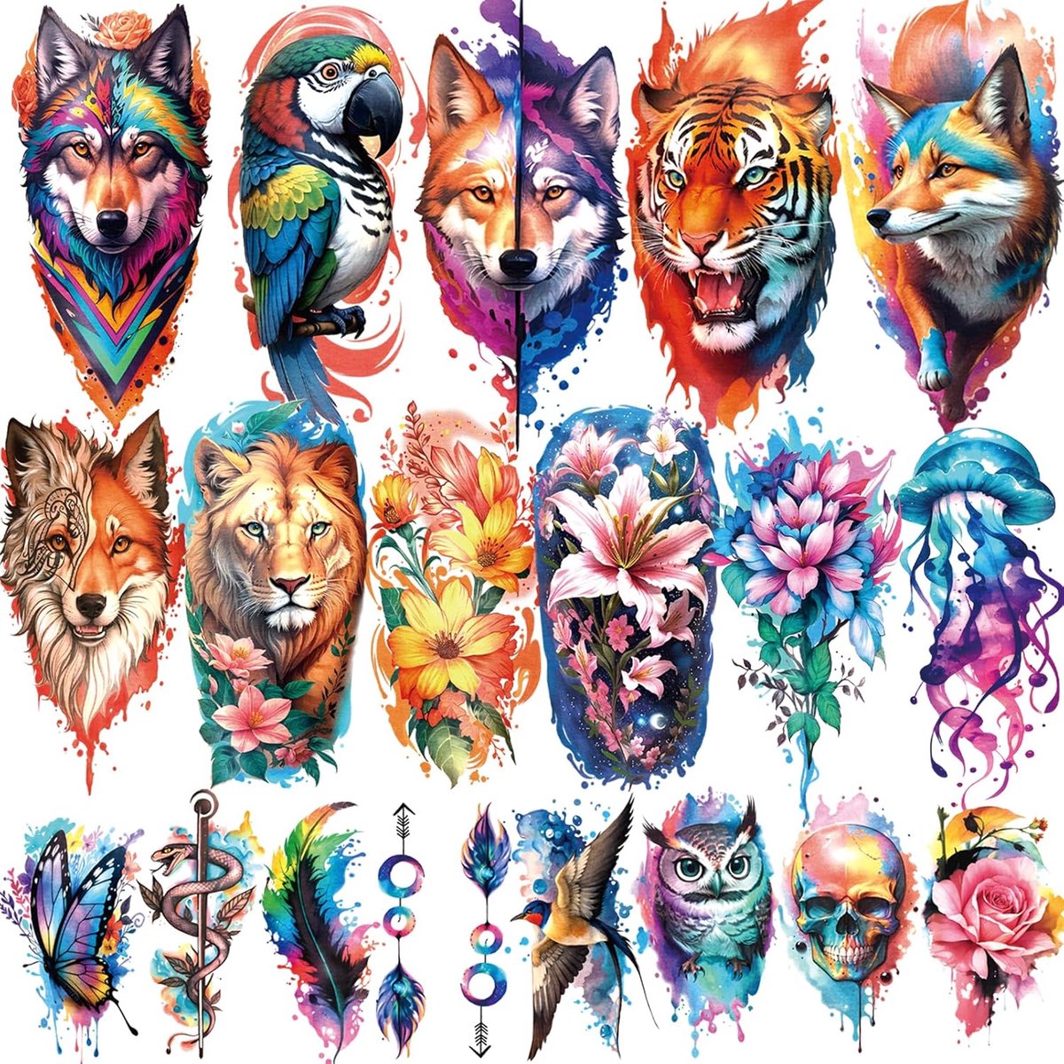 Tijdelijke tatoeages, 77 vellen, 17 vellen, halve arm, bloem, leeuw, tijger, kat, uil, papegaai, namaaktoeages voor volwassenen, schouderhals, 60 vellen, kleine tijdelijke tatoeages voor vrouwen