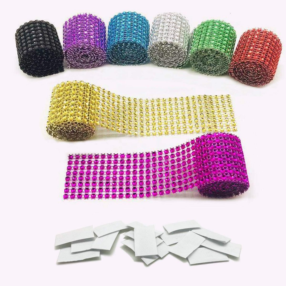 8 Colors 8 Row Acrylic Rhinestone Diamond Ribbon with Self Adhesive Hook and Loop Tape for Wedding Cakes, Birthday Decorations and Crafts Projects by Allazone
