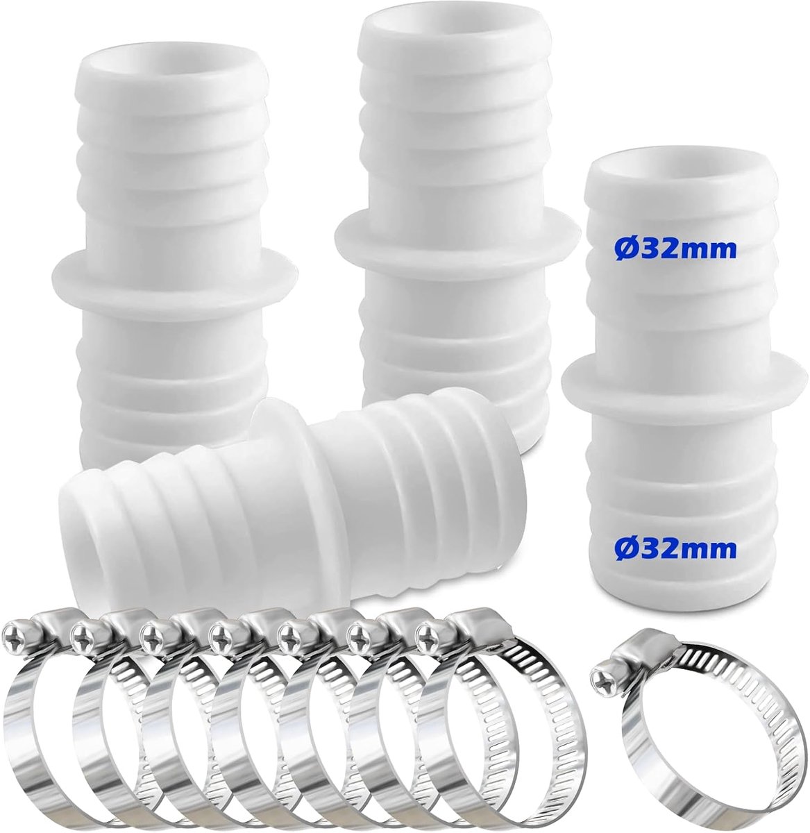 4 stuks slangverbinders, 32 mm, set met 8 slangklemmen, zwembadslang, adapter, slangadapter, dubbele slangtuit (wit)