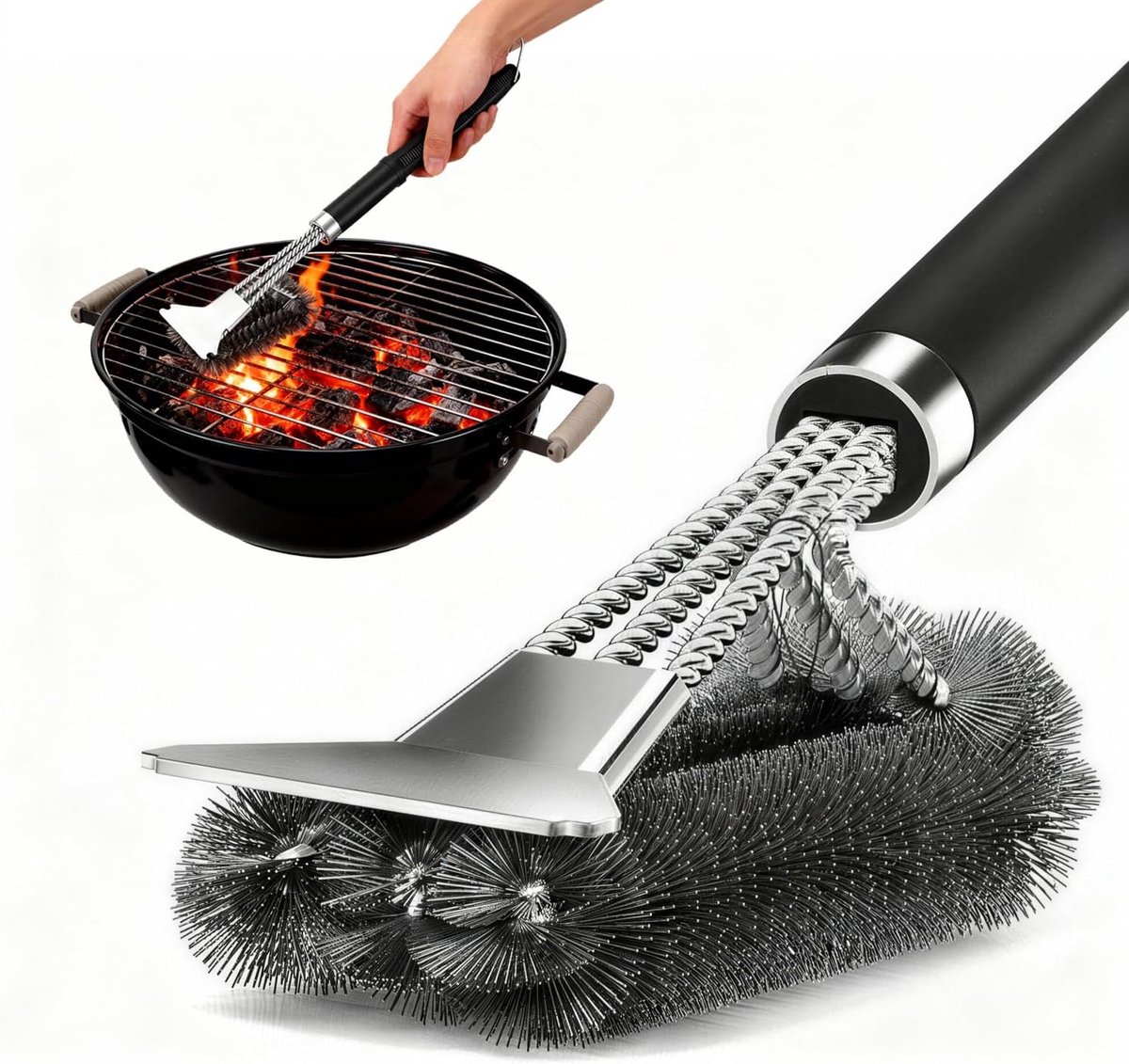 3-in-1 barbecue reinigingsset – Hoogwaardige roestvrijstalen barbecueborstel met schraper & ophanglus, extra lange borstelharen voor gas-, houtskool-, elektrische en kogelbarbecues