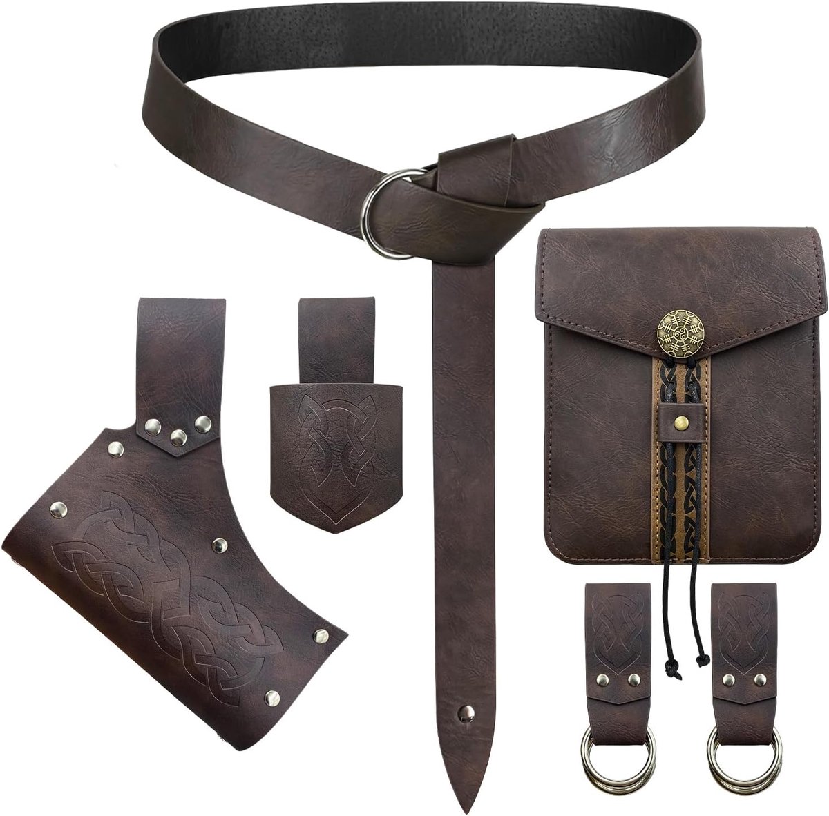 6 PCs Renaissance Riem Kostuum Middeleeuwse Accessoires Riemtasje， Rok Hiking， Zwaard Kikker Viking Hoorn， Riem Holster (Bruin C)