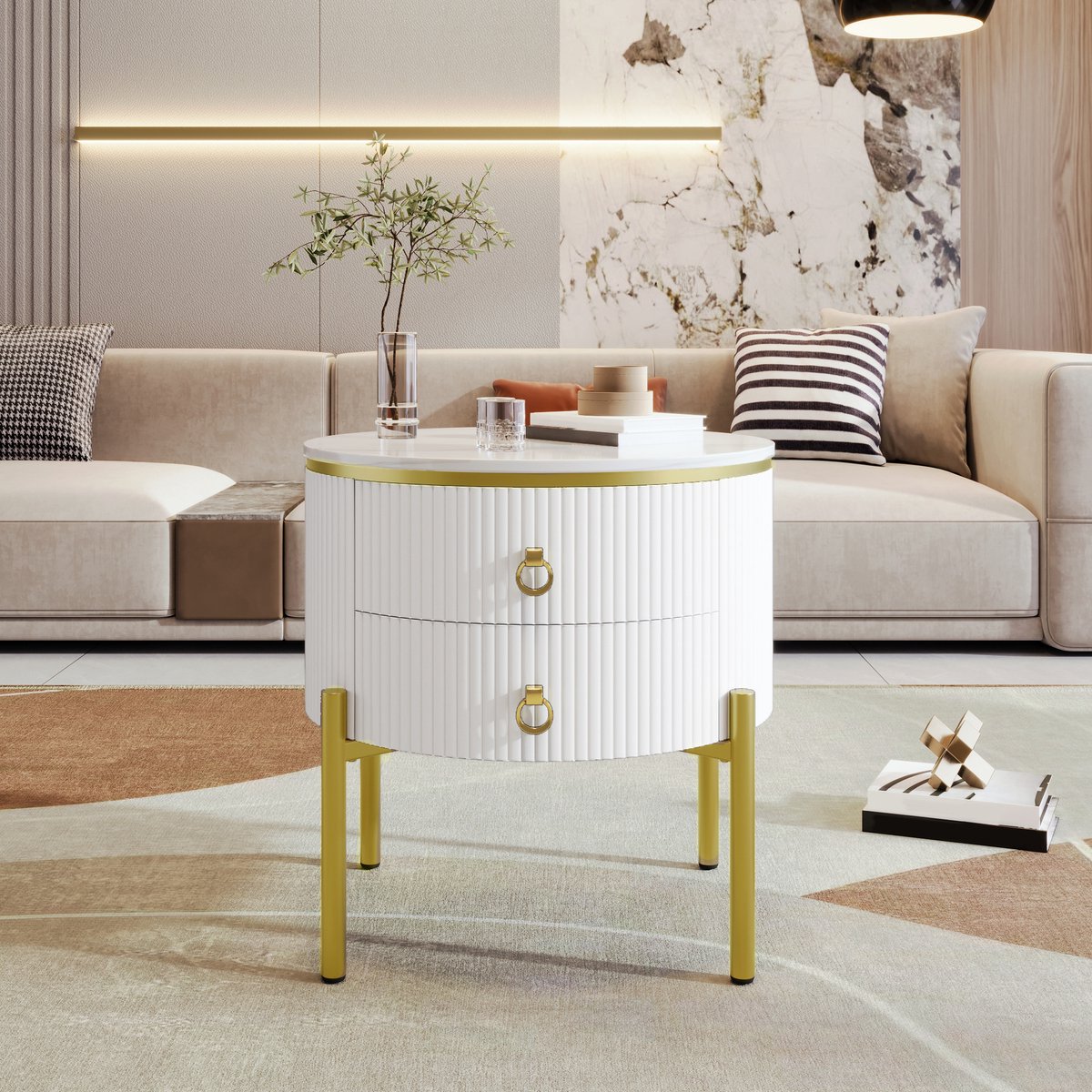 COVREO Bijzettafel 50x50x51 cm wit, MDF met 2 lades en verstelbare poten