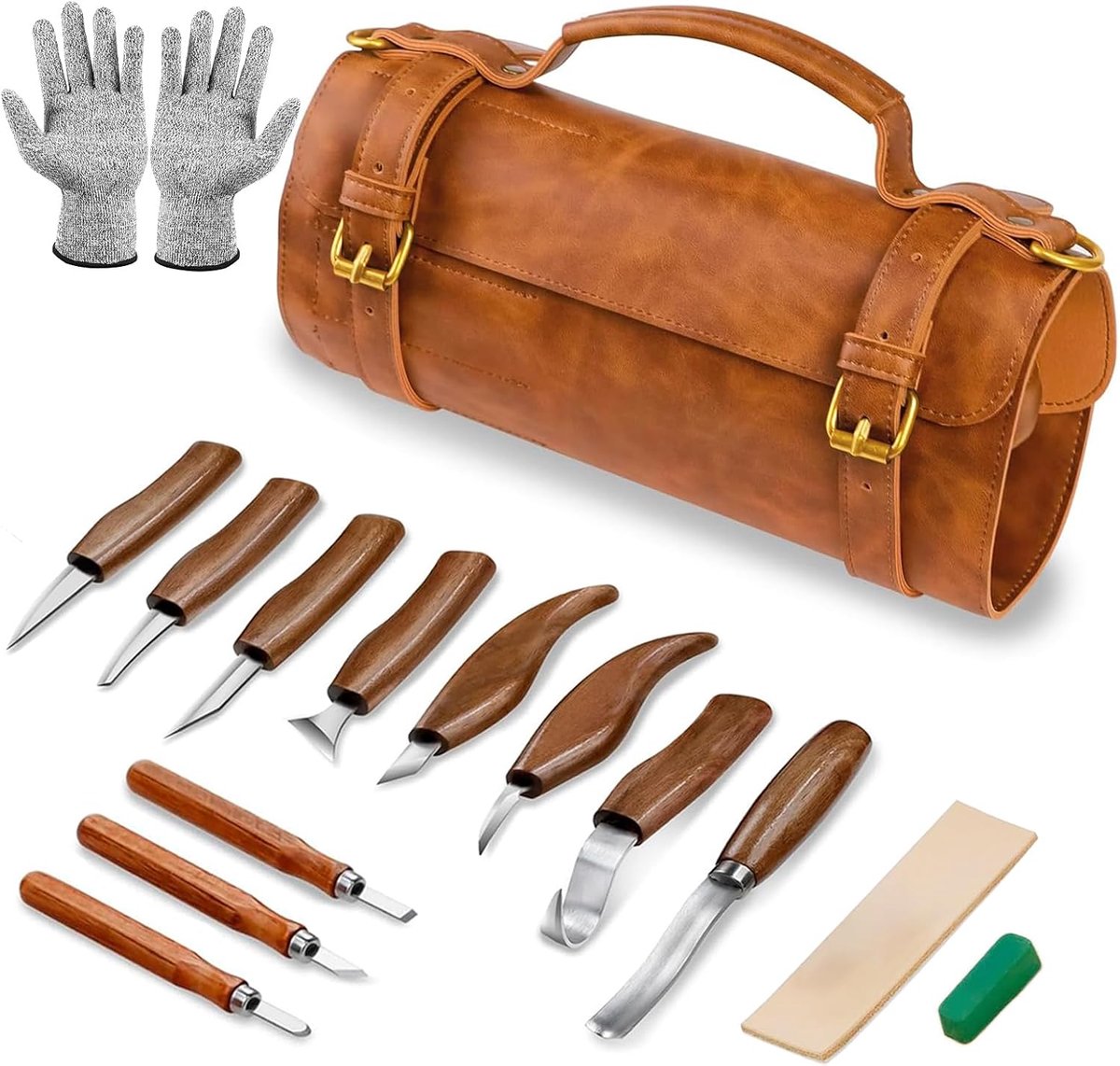 Houtsnijgereedschapset, een luxe 15-in-1 gereedschapset Geschikt voor slijper, houtbeitels, handschoenen, polijstmiddel en leren tas, Geschikt voor zowel beginners als professionals.