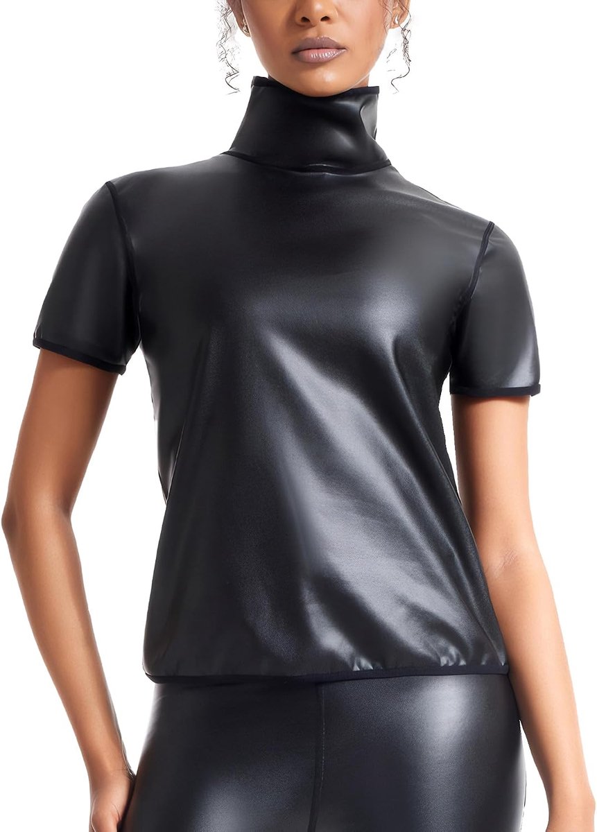 PU-top voor dames, PU-top, wetlook, PU-T-shirt, vest, kunstleer, tanktop, hoge/ronde hals, mouwloos, cami-shirt, feest, dansvest, clubwear, tanks, T-shirt, zwart