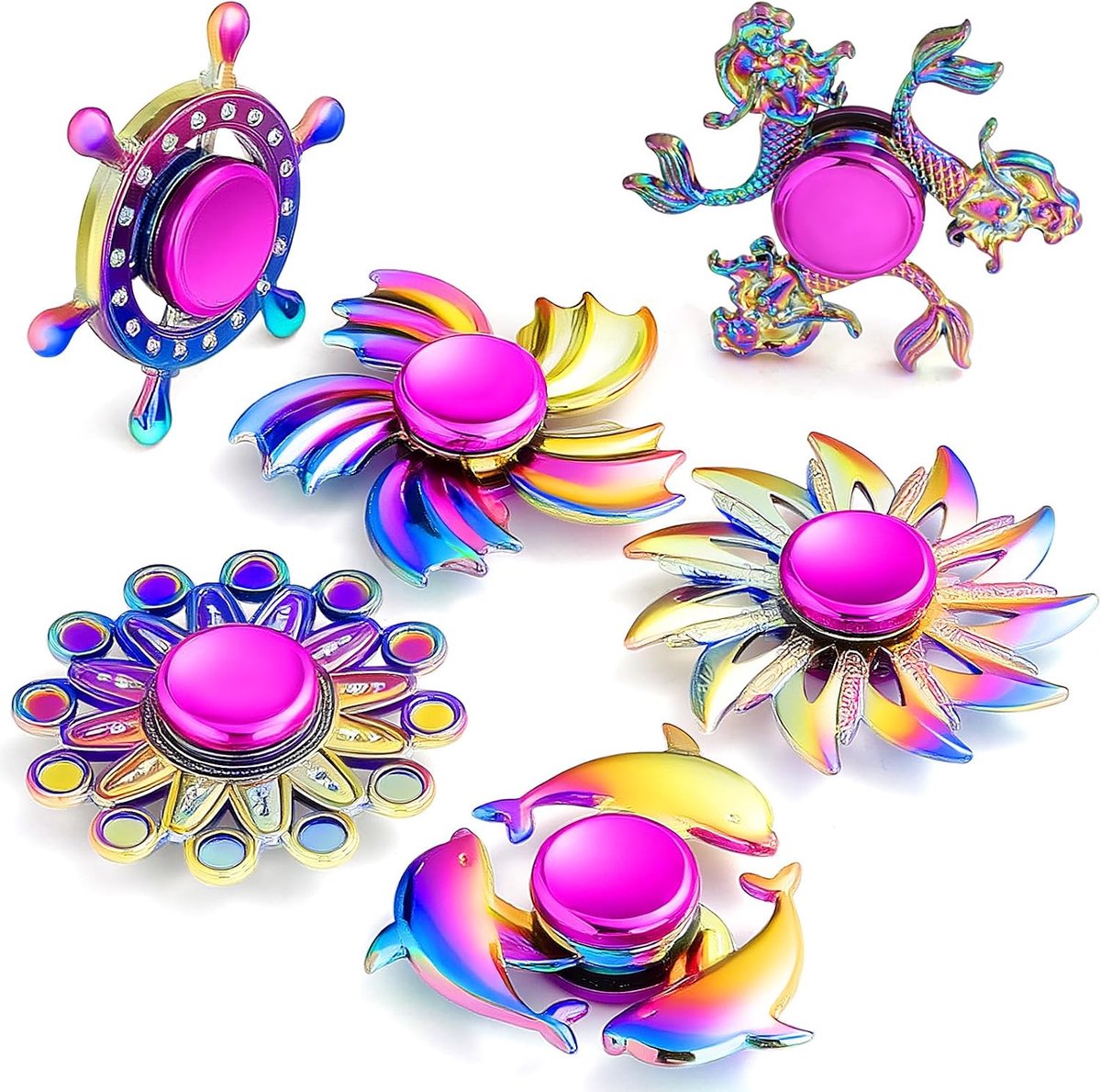 Fidget Spinner Set Metaal, 6 stuks Kleurrijk Vingerspeelgoed, Ideaal als Uitdeelspeelgoed Kinderfeestje, 2-3 min. Spin Anti-Angst Gadget, Cadeau voor Jongens & Meisjes