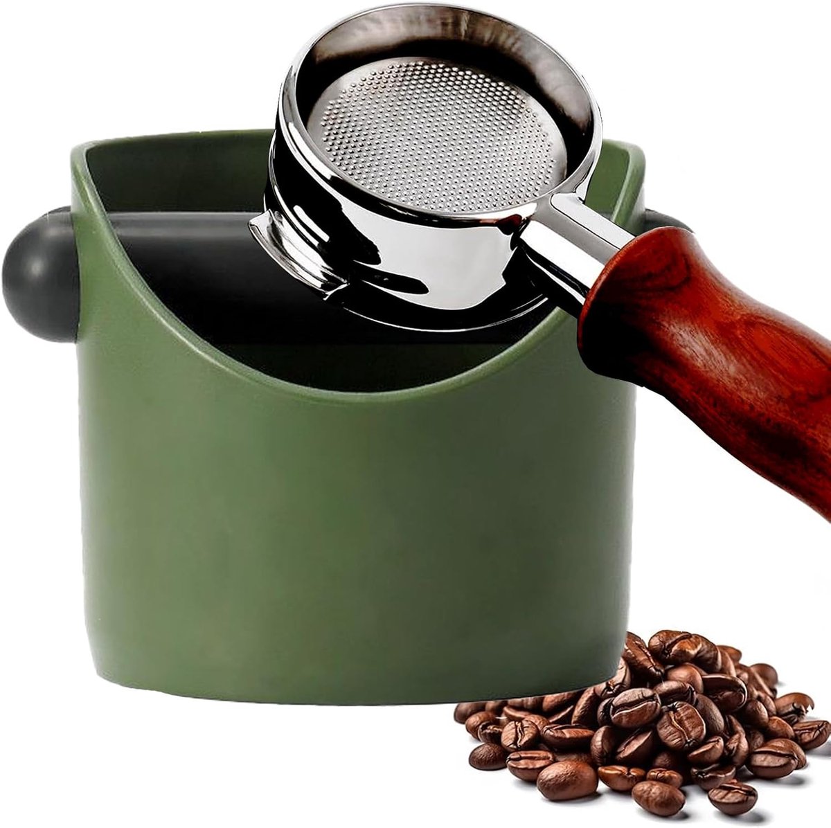 Koffie Afklopbak, Mini Espresso Afklopbak, Legergroen Koffie-Gronden Container Kleine Afklopbak, met Schok-Absorbing Verwijderbare Afklopstang en Anti-Slip Basis, Malen Barista Accessoires