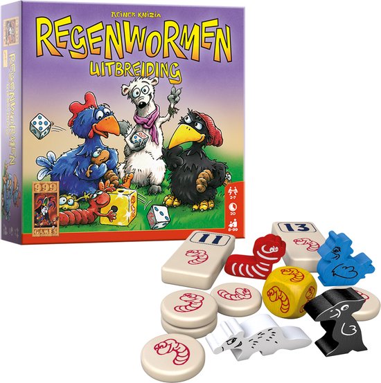 Doos met Regenwormen Uitbreiding bordspel met rode, witte, gele en blauwe speelstukken.
