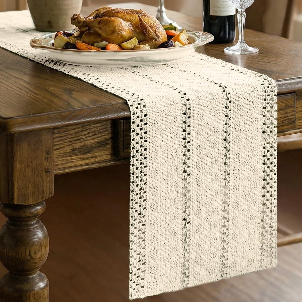 Tafelloper Geweven Katoen Linnen 30x183 cm, Beige Boho Rustiek Landelijke Stijl voor Keuken Eetkamer Decoratie