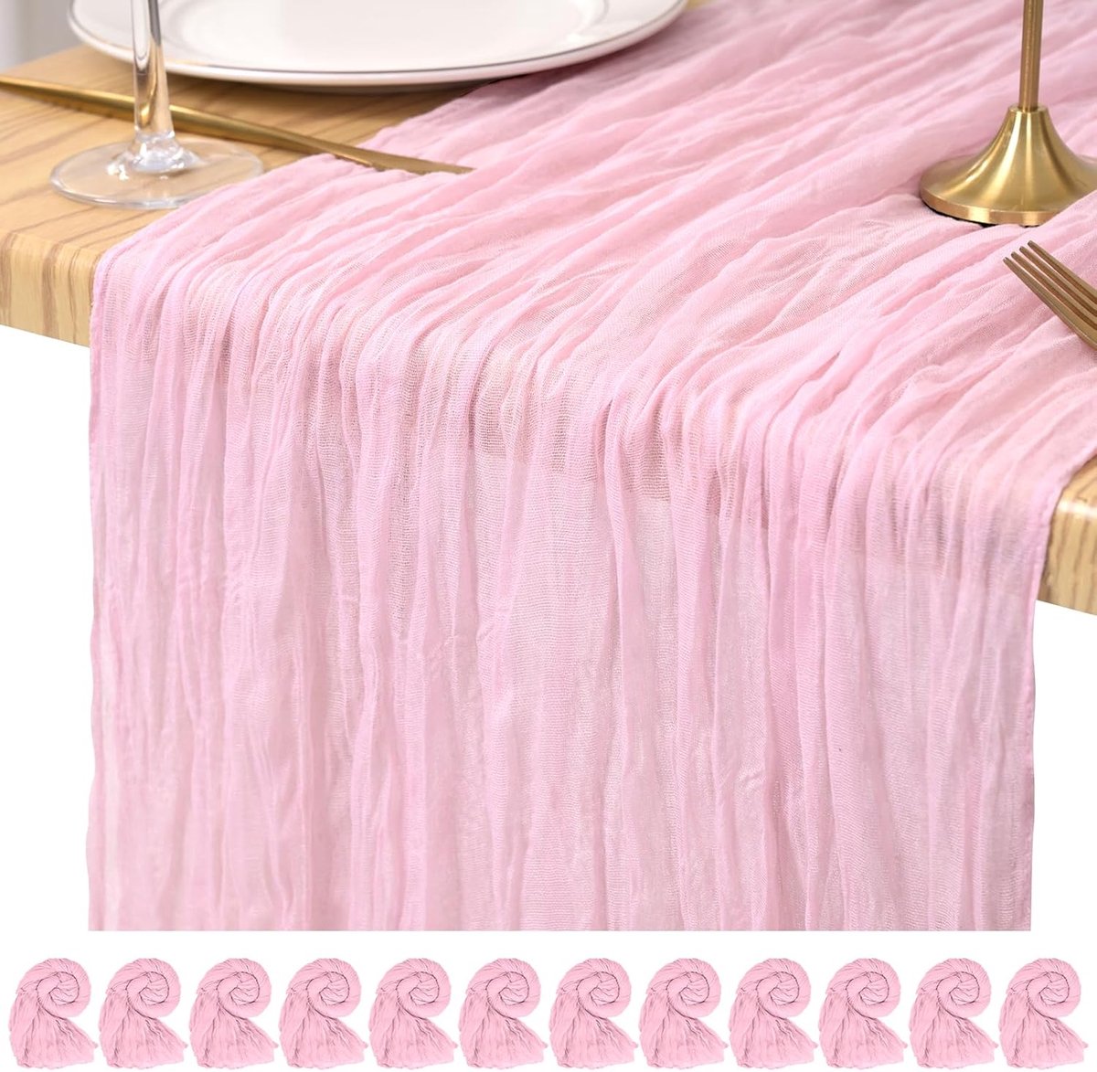 12 stuks Lichtroze kaasdoek tafelloper 45 x 275 cm rustieke gaas stof tafelloper Romantisch sluier voor bruiloften, festivals, jubileum, diner, buitenfeesten
