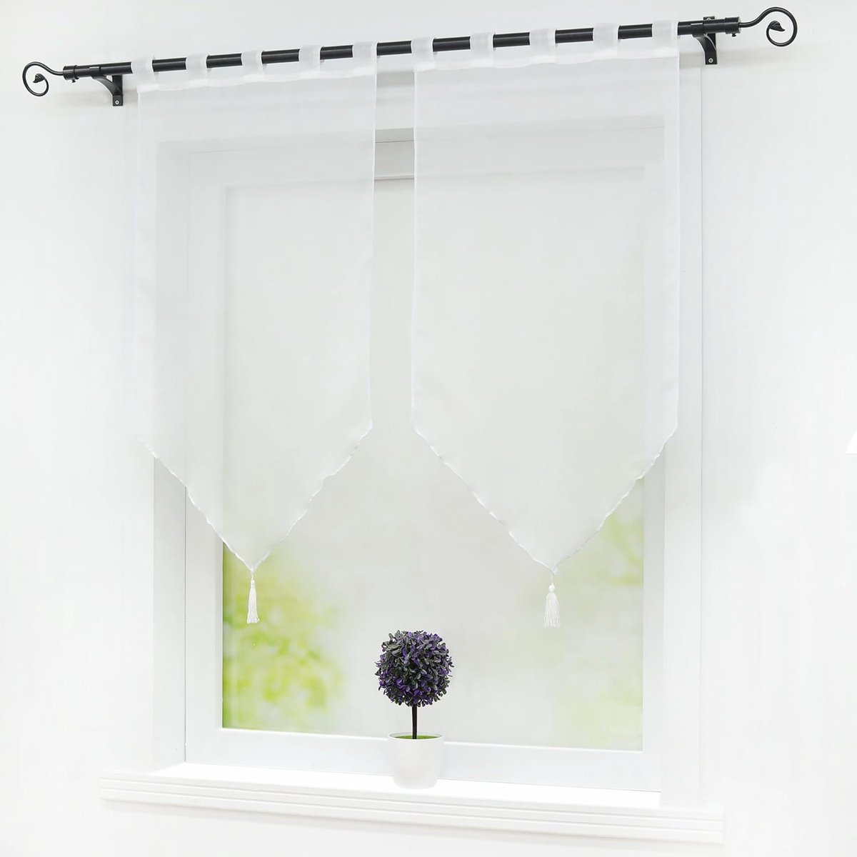 Vitrage Voile bistrogordijnen met kwast, effen kleur Melina Korte store B x H 45 x 90 cm wit met lussen 2 stuks