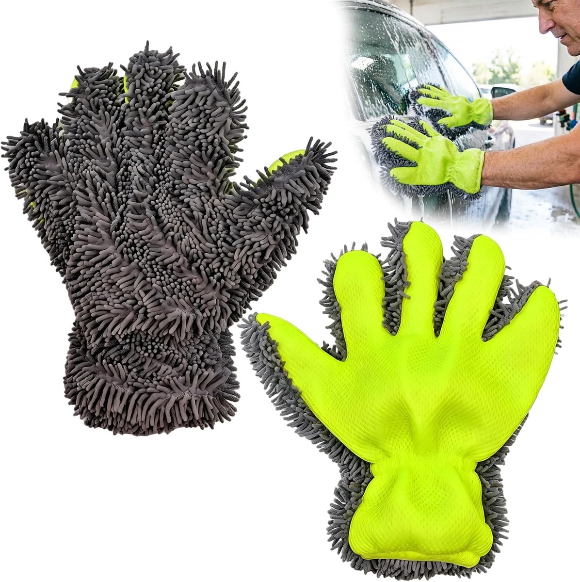 Washandschoen Auto - 5-Vinger Autowashandschoen - Ademende Krasvrij & Herbruikbaar - Kan worden gebruikt als droogdoek voor de auto - Voor auto’s, vrachtwagens en motorfietsen - Groen - 2 stuks