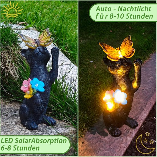 Solar Tuindecoratie Standbeeld - Welkom zwarte kat met vlinder met solar lantaarn hars beeldje, terras balkon tuin gazon buiten pop decoratie, housewarming geschenken van Solar — afbeelding 5