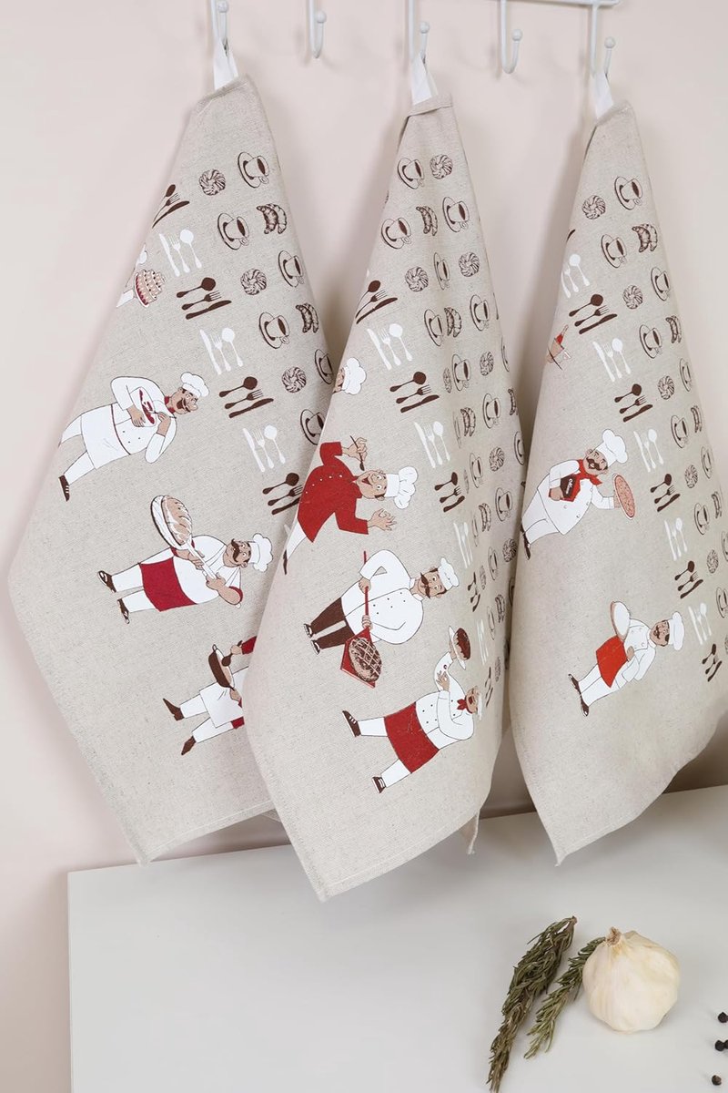 Theedoeken 46 x 60 cm, keukendoeken, kleine handdoeken 60% linnen, 40% katoen, handdoek met ophanger - Chefs, pakket van 3