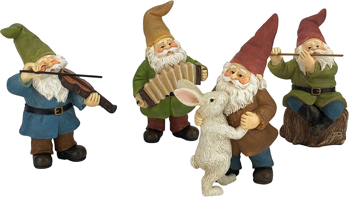 Happy Gnomes Dancing Celebration! - 4-delige muzikale tuinkabouterset voor de miniatuur feeëntuin