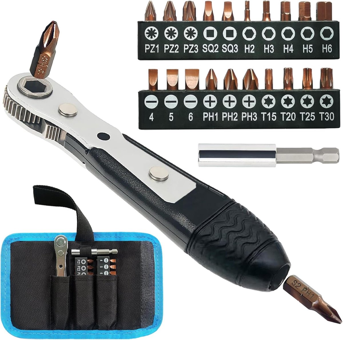 haakse schroevendraaier, korte gebogen schroevendraaiers met kruiskop, platte kop, torx, zeskant, vierkant, Pozidriv S2-gelegeerd staal bits (36 tanden)