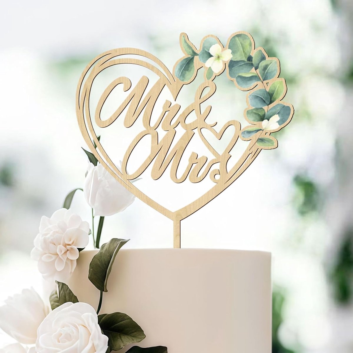 Mr & Mrs Cake Topper Houten Bruidstaart Topper Bruiloft Taart Decoratie Taartprikker voor Huwelijk Jubileum Verloving Aanzoek Feest Taartdecoratie, Hartvorm