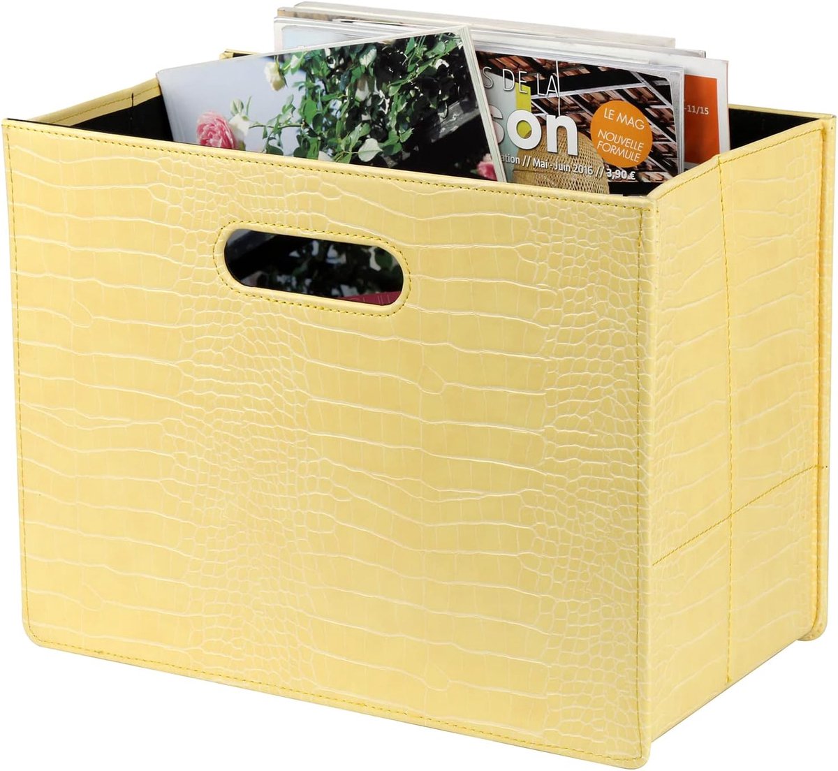 Tijdschriftenhouder met handvat, opvouwbaar PU-lederen tijdschriftenrek, documentenhouder, tijdschriftenmand, krantenopslag voor kantoor, salontafel, woonkamer, receptie (geel)