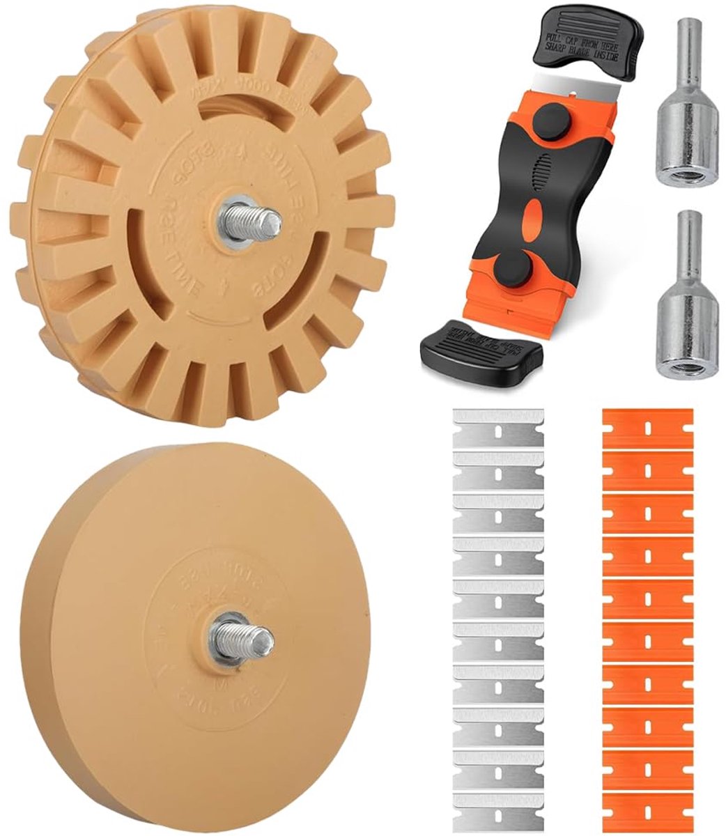 2 stuks foliegum auto rubber, (Ø100 mm & Ø 88 mm) sticker gum, gumschijf met adapter, gummetwieltoolkit, voor het verwijderen van lijmresten, folies en stickers voor auto motorfiets