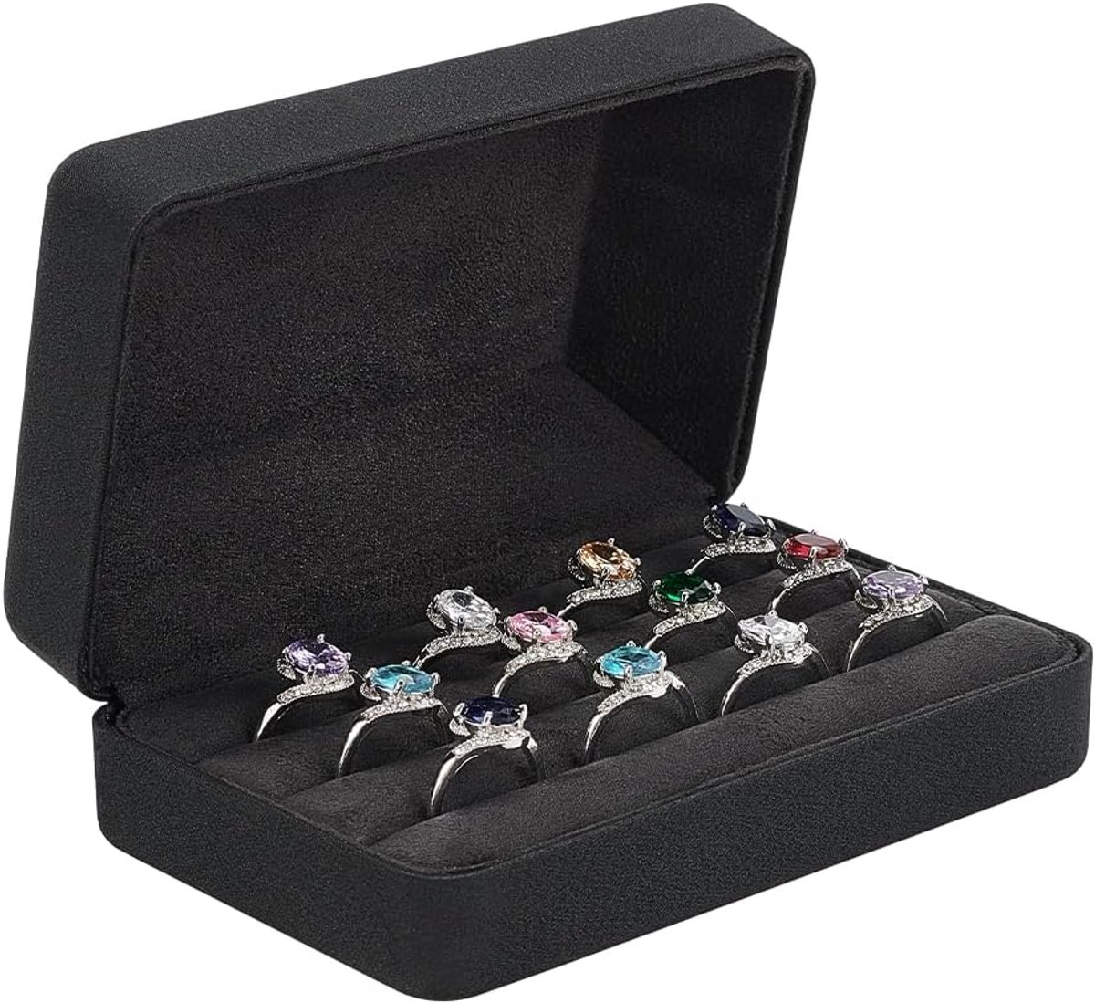 Lederen ring opbergdoos 12,6 x 8 x 4,7 cm rechthoekige PU-lederen ringen opbergdoos met fluwelen binnenkant zwarte ring opbergdoos voor meerdere ringen draagbare ringorganisator
