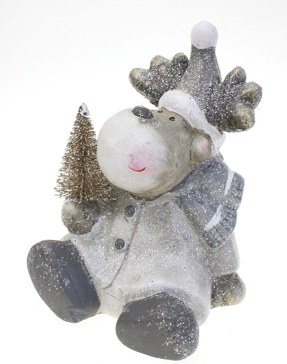 2x decoratieve figuur rendier in set van 11 cm, polysteen beige bruin zilver, grappige decoratieve figuur eland rendierfiguur winterdecoratie kerstdecoratie