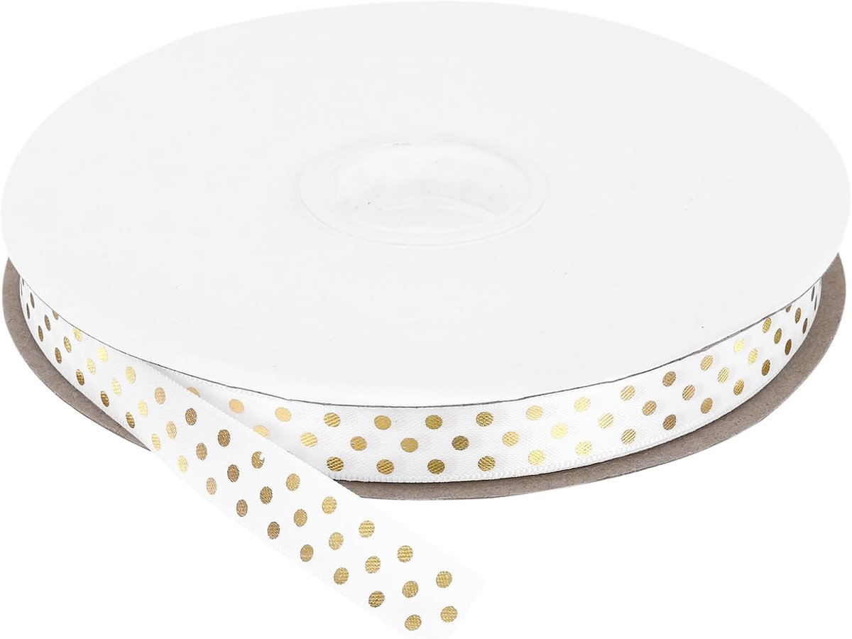 91 m ripslint, 1,6 cm, decoratief lint met stippen, voor decoratie, verpakking, knutselen, geschenkverpakking, bruiloft, feest, doe-het-zelf, wit, met gouden stippen