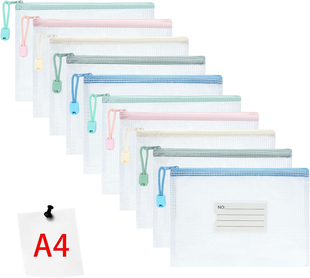 10 stuks A4 plastic portefeuilles, wit/roze/geel/blauw/groen, ritssluitingszakken, mesh documentenportefeuilles met labelvak voor school, kantoor, huiswerk opslag