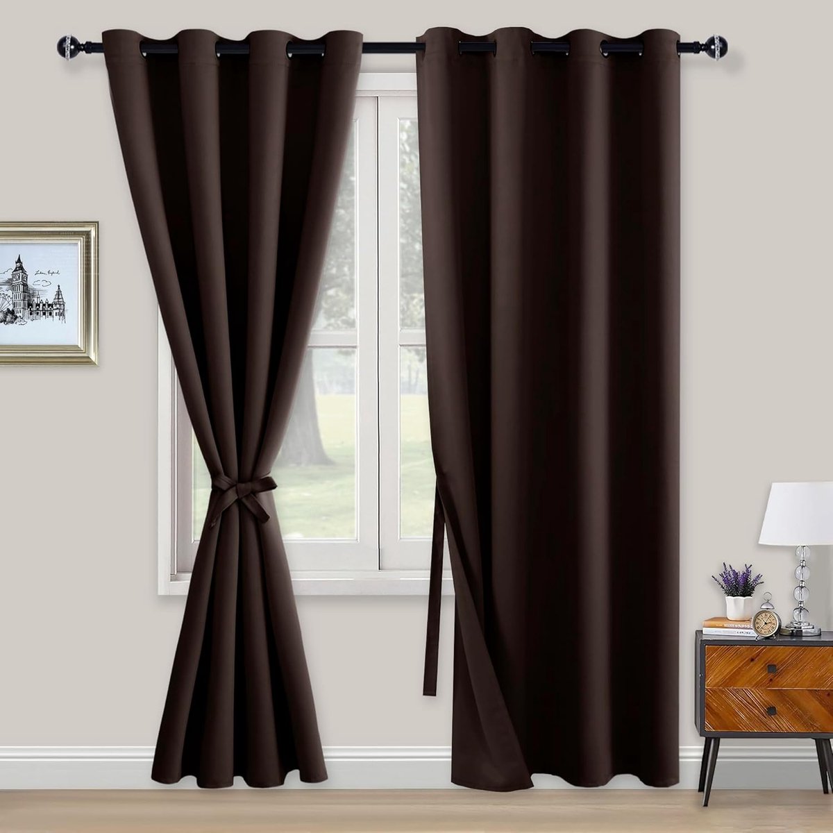 Ondoorzichtige gordijnen, verduisteringsgordijnen met inslagringen, 2 stuks, gordijnen met gordijnhouder, ondoorzichtige gordijnen voor slaapkamer, woonkamer, kantoor, 214 x 132 cm, bruin