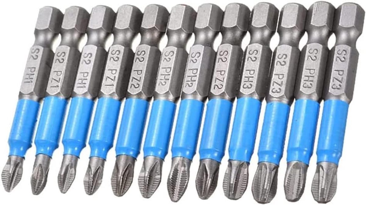 12-delig kruiskop Pozidriv schroevendraaier bitset, magnetisch, 1/4-inch zeskantschacht, kruiskop aandrijfbit, Power-boor PZ1, PZ2, PZ3, PH1, PH2, PH3-50 mm lengte