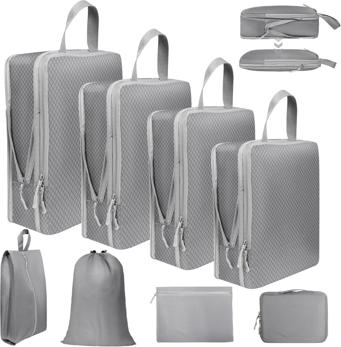 8-delige set kubussen, compression, koffer-organizerset, uitbreidbare paktassen voor handbagage, koffer en rugzak, reisorganizerset, opbergsysteem, grijs
