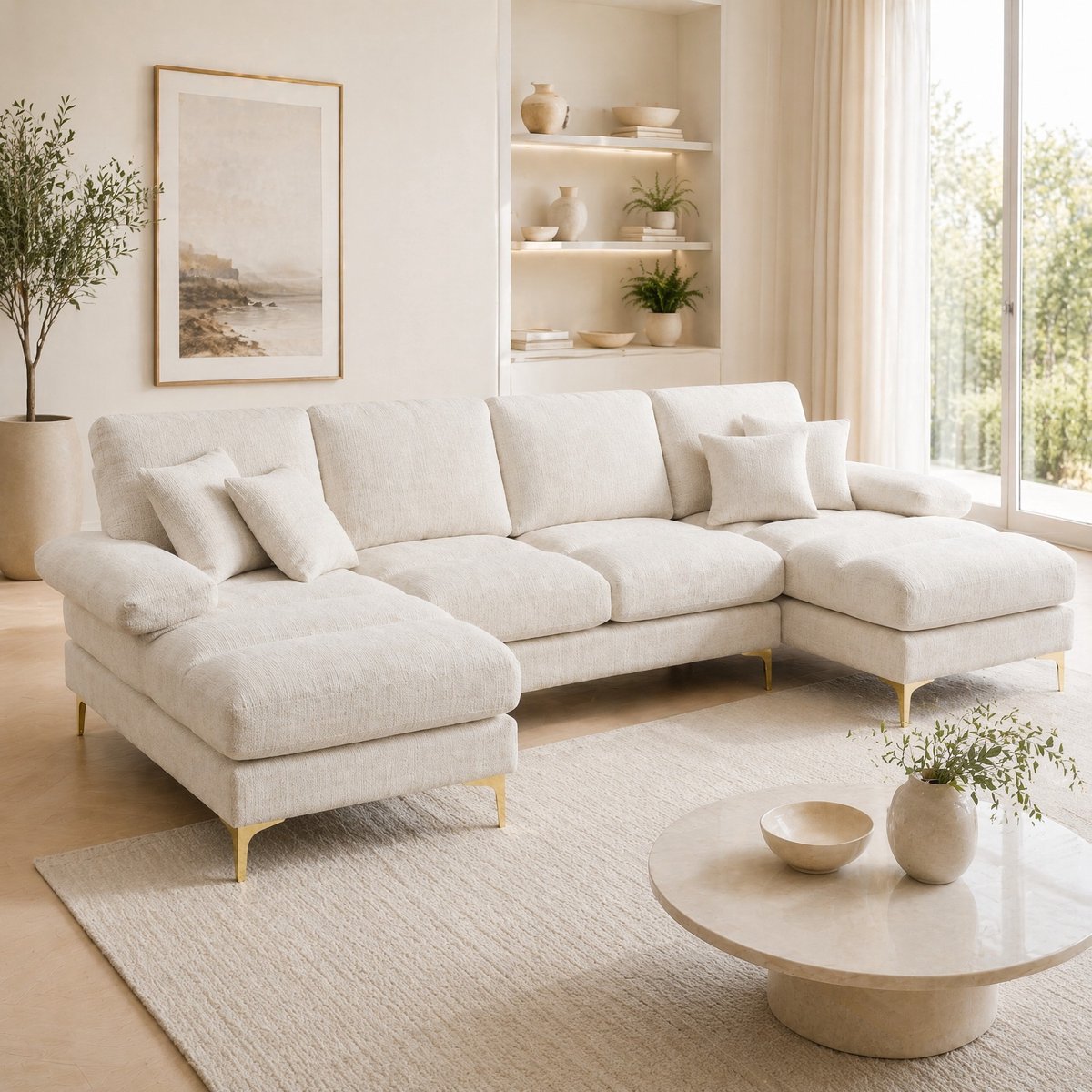 COVREO U-bank 272x136x88 cm - beige chenille, 4-zits, dubbele chaise longue