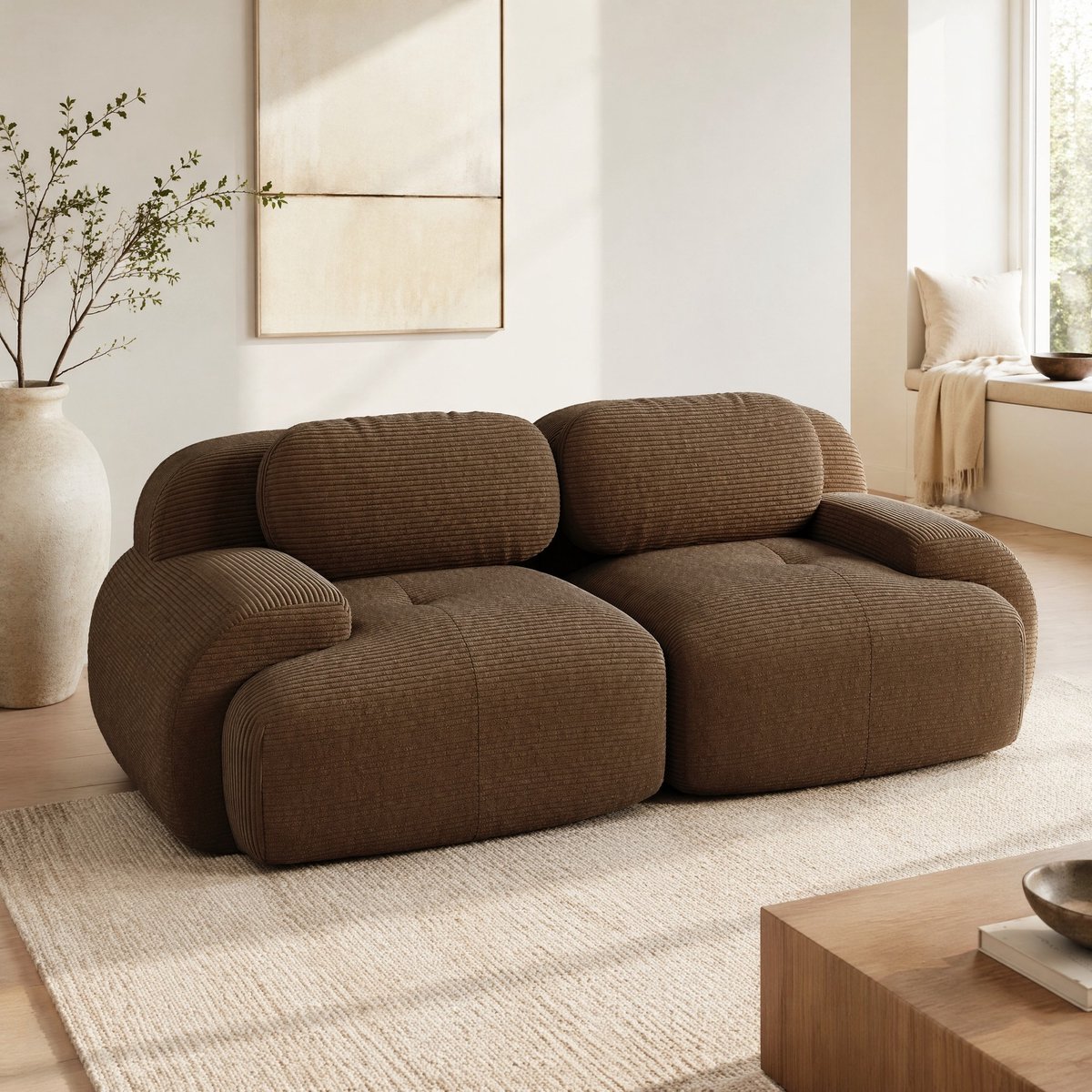 COVREO Modulaire bank 208 x 103 cm - corduroy bruin, 2-zits, zonder montage