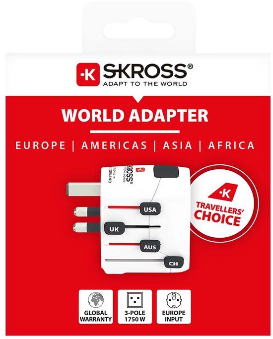 Verpakking van SKROSS wereldstekker met 'World Adapter PRO' en uitschuifbare pinnen voor Europa, Amerika, Azië en Afrika.