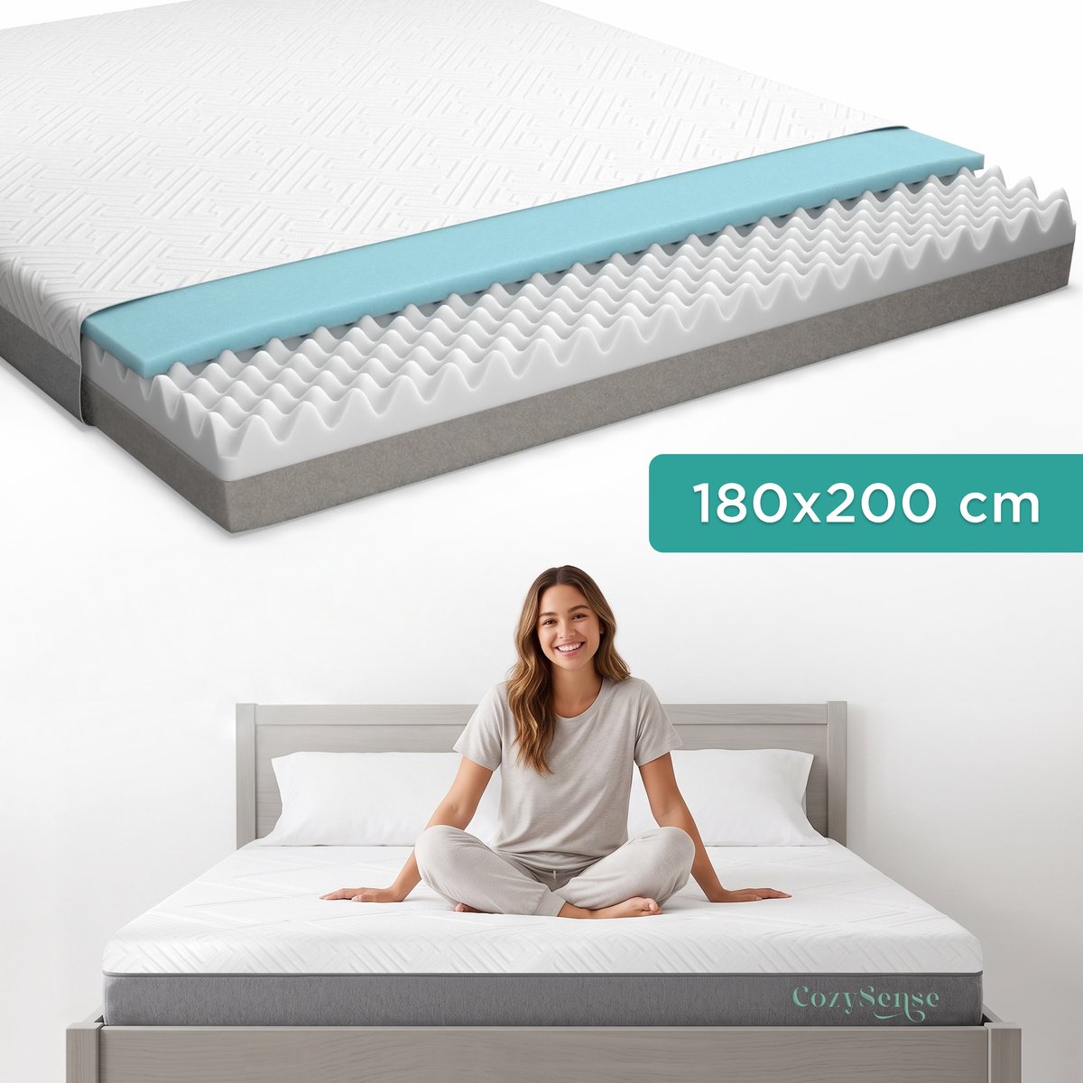 CozySense® Premium Matras 180x200 cm – Tweepersoons – 3 Comfortlagen – Gel Traagschuim & Eierkistschuim – CertiPUR-US® Schuim & OEKO-TEX® Hoes – 20 cm Dik