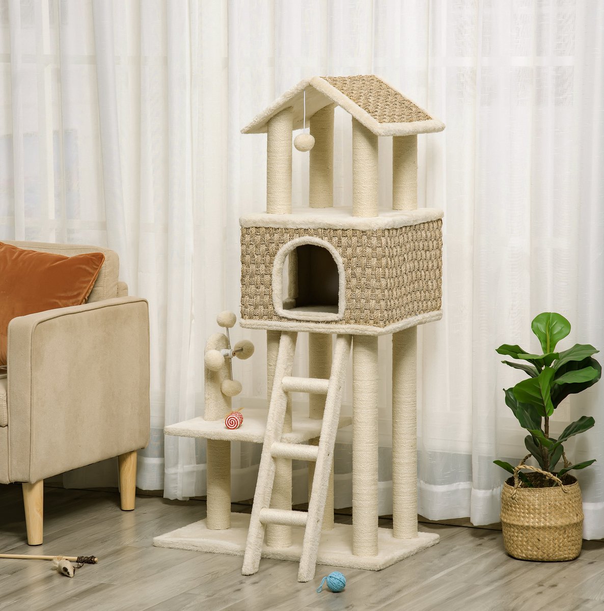 MIVRAY Krabpaal Met Kattenhuisje En Speelballen 131 Cm Pluche Sisal Khaki Voor Klimmen Rust En Krabben