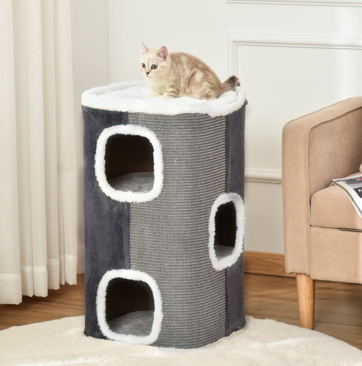 MIVRAY Krabton – 3 Niveaus Met Twee Grote Openingen – 40 X 40 X 74 Cm – Polyester En Sisal – Grijs Wit – Krabben, Rusten En Verstoppen