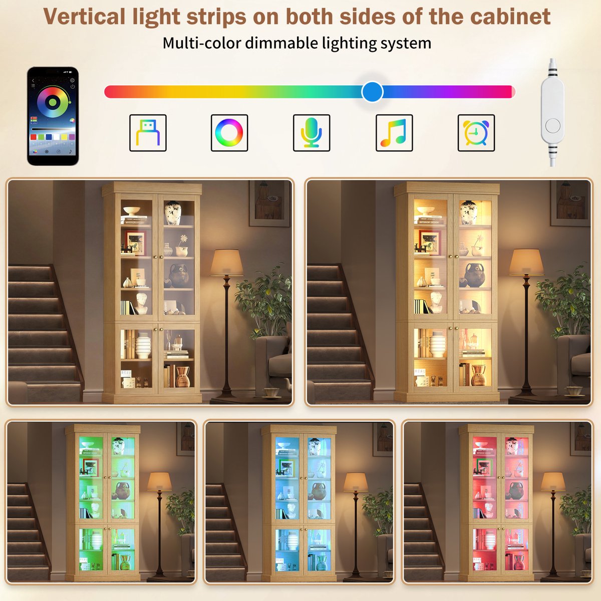 Vitrinekast Met Glasdeuren En Verstelbare Planken En Ledverlichting En Kantelbeveiliging Voor Woonkamer Slaapkamer 160x40x180 Cm Naturel Hout