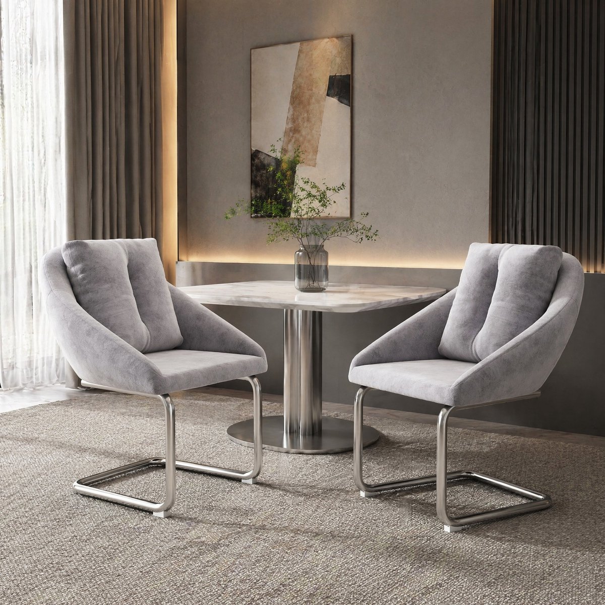 COVREO Eetkamerstoel 59 x 65 x 82 cm - grijs velvet, metalen onderstel, armleuningen, set van 2