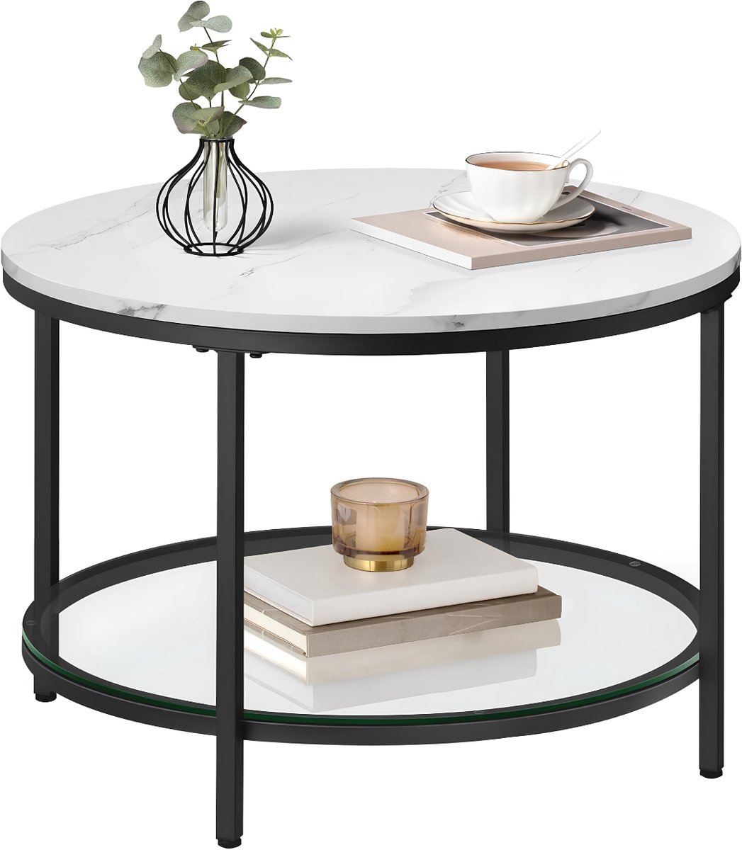 NIVA® Salontafel - Salontafel Rond - Salon Tafel - Marmerwit/Inktzwart - 65cm x 65cm x 46cm