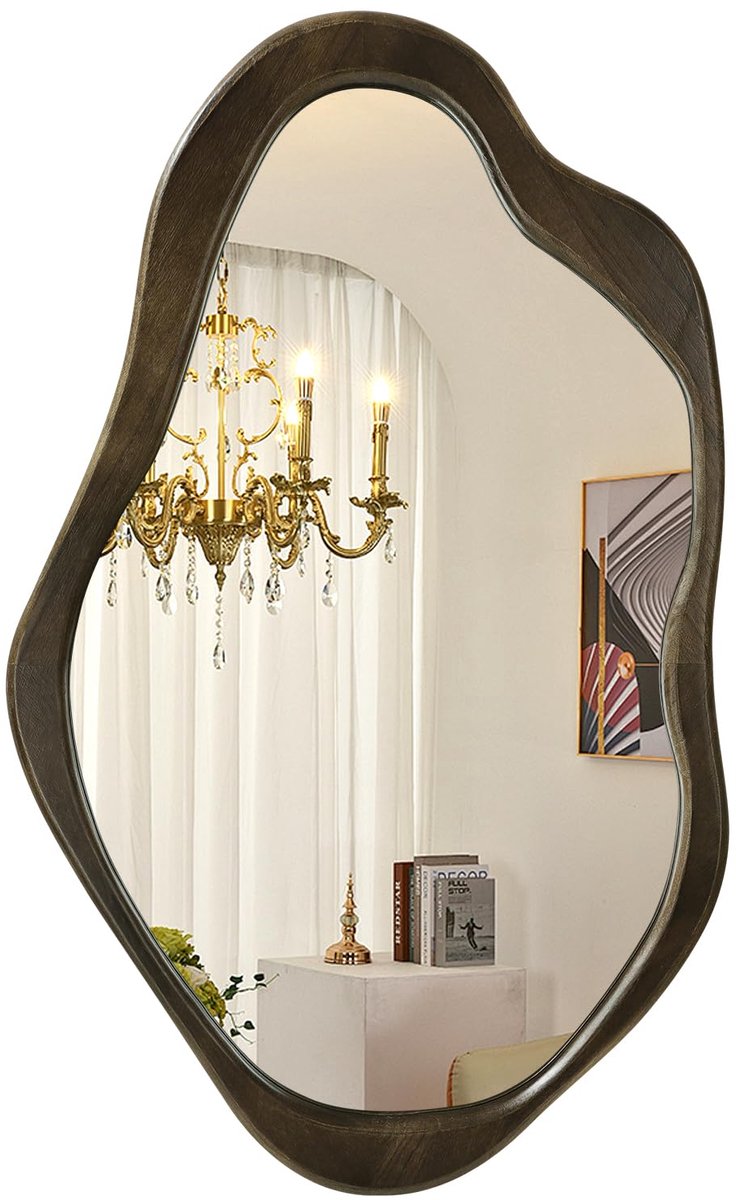 SnelShoppen - Grote asymmetrische wandspiegel 60 x 90 cm met houten frame, onregelmatige decoratieve spiegel voor woonkamer, slaapkamer, badkamer en e