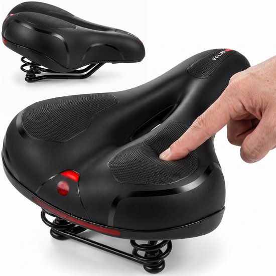 Zwart ergonomisch fietszadel met vering en reflectoren. Vcline logo op de achterkant.