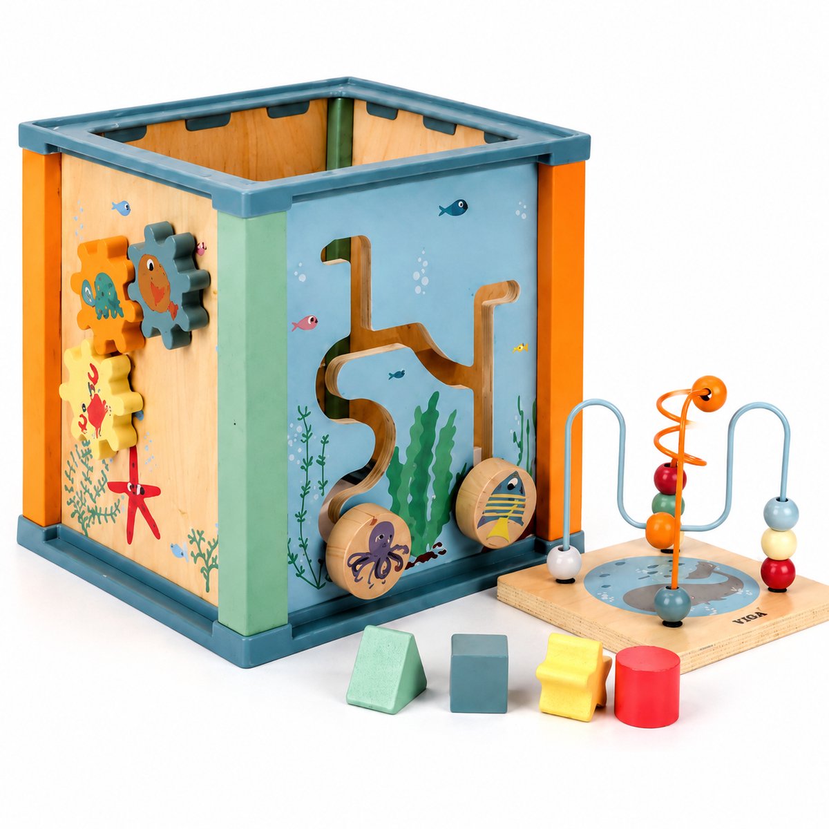 ECTEATOY® Houten Activiteiten Kubus - Montessori Speelgoed - Met Kralenframe en Tandwielen - Educatief Vormenstoof Speelgoed -Verjaardagscadeau Baby & Peuter