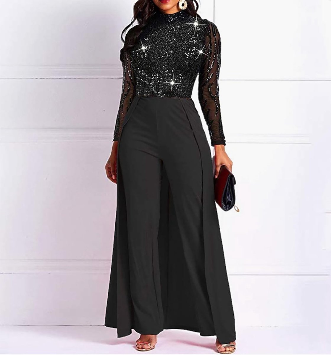 SnelShoppen - Effen jumpsuit met lapjespatroon en versieringen voor dames, hoge taille, vrouwelijke romper, ideaal voor feest en casual gebruik, maat