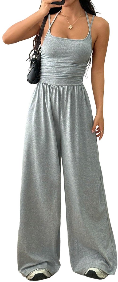 SnelShoppen - Dames Jumpsuit Lichtgrijs, Mouwloos met Spaghettibandjes, Wijde Pijpen, Blote Rug, Ideaal voor Zomer, Vakantie en Vrije Tijd, Maat S